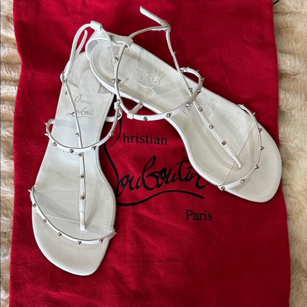 Christian Louboutin White Studded T-Strap Flat Sandals